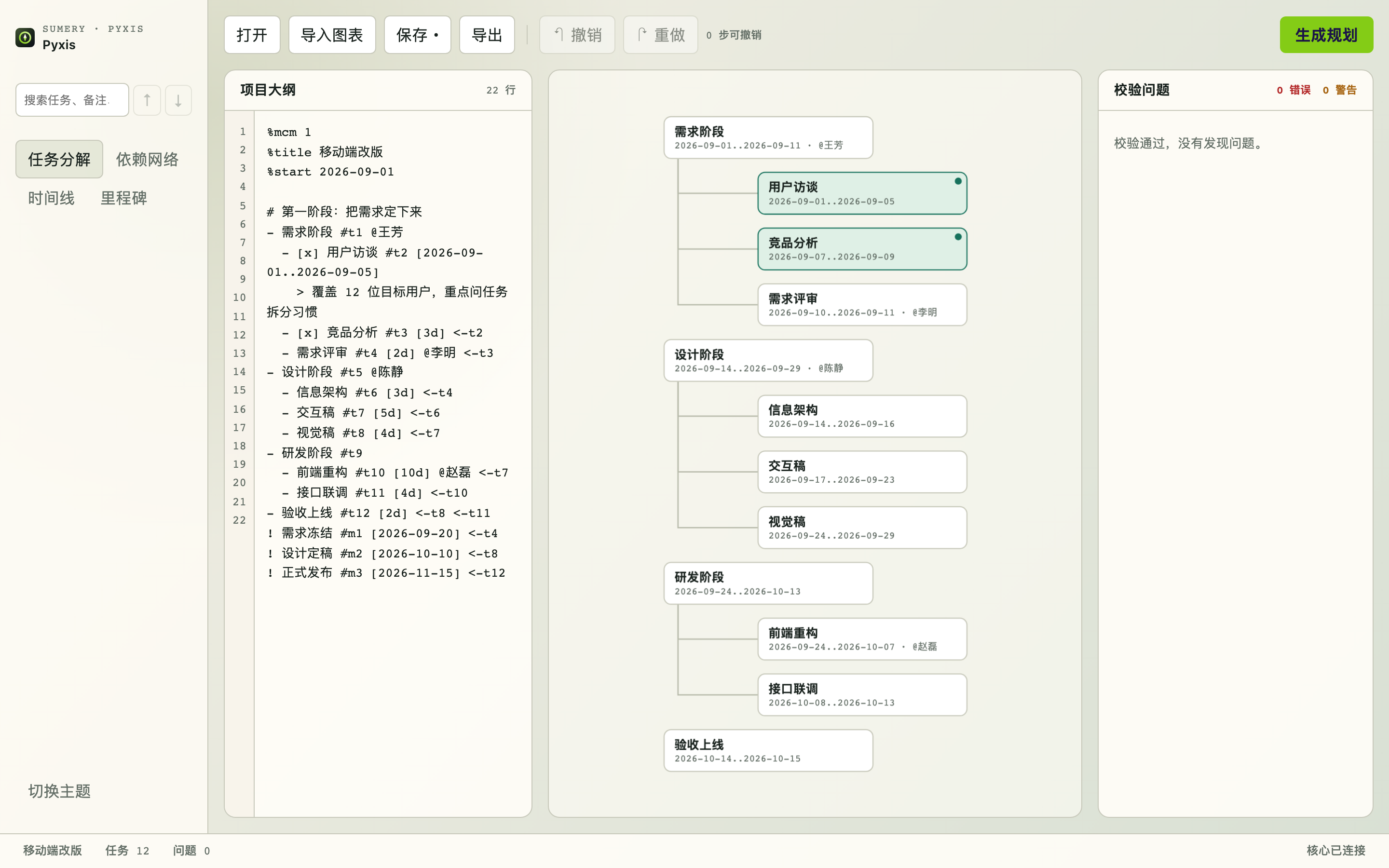 Pyxis 界面:左侧大纲文本,中间任务分解视图,右侧校验结果